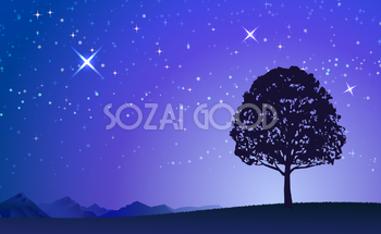 １本の木と神秘的な綺麗な夜空 無料背景(青 ブルー)イラスト11395