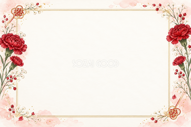 赤のカーネーションと両側の花飾りの横長カード