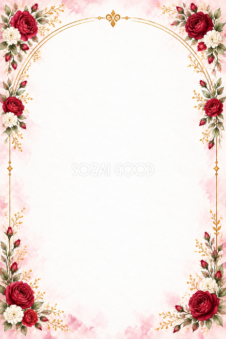 赤のバラと四隅の花と金のアーチの縦長カード
