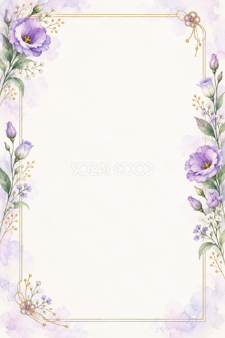 紫のトルコキキョウと両側の花飾りの縦長カード 紫のトルコキキョウと両側の花飾りの縦長カード