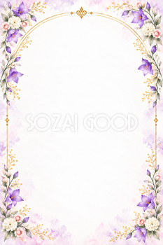 古希・喜寿祝いに｜紫の桔梗と四隅の花と金のアーチの縦長カード・無料イラスト素材 114100
