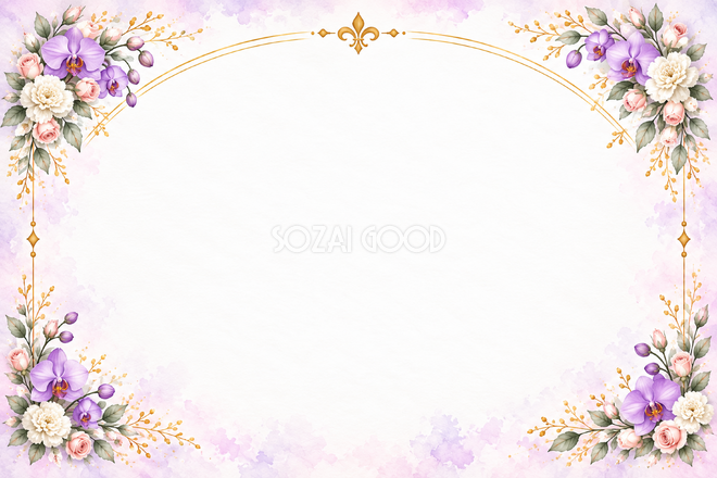 紫の胡蝶蘭と四隅の花と金のアーチの横長カード 紫の胡蝶蘭と四隅の花と金のアーチの横長カード