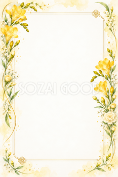 傘寿・米寿祝いに｜黄色・金色のフリージアと両側の花飾りの縦長カード・無料イラスト素材 114113