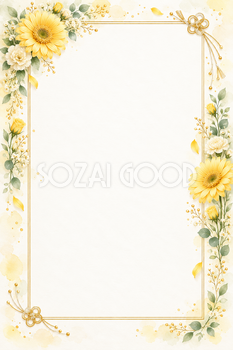傘寿・米寿祝いに｜黄色・金色のガーベラと両側の花飾りの縦長カード・無料イラスト素材 114115