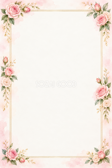 ピンクのバラと両側の花飾りの縦長カード ピンクのバラと両側の花飾りの縦長カード