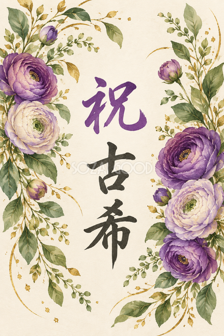祝 古希・花の縦長カード