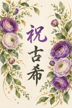 祝 古希・花の縦長カード