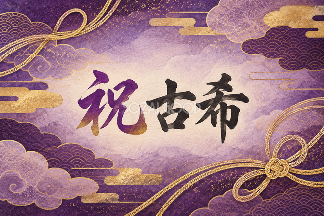 祝 古希・組紐と雲の和柄の横長カード