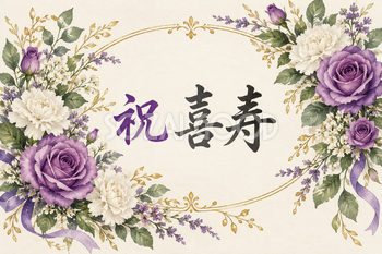 祝 喜寿の文字入りカード｜紫のバラと白いカーネーション・金のアーチ枠と両脇の小花・横長の無料イラスト素材 114186
