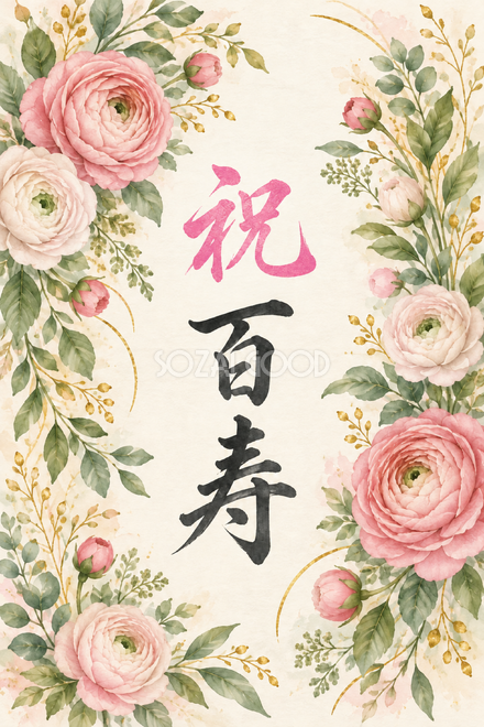 祝 百寿・花の縦長カード