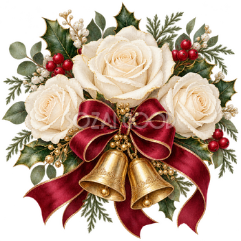 白いバラとベルの花束｜大人のおしゃれなクリスマス無料イラスト素材 114285