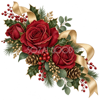 深紅のバラと金のリボンの飾り｜大人のおしゃれなクリスマス無料イラスト素材 114291