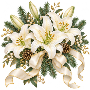 白いユリとリボンの花束｜大人のおしゃれなクリスマス無料イラスト素材 114297