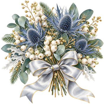 白い実と銀のリボンの花束｜大人のおしゃれなクリスマス無料イラスト素材 114302