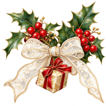 ヒイラギとレースの小さな飾り｜大人のおしゃれなクリスマス無料イラスト素材 114303