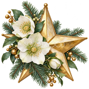 冬の花と五つ星の飾り｜大人のおしゃれなクリスマス無料イラスト素材 114304