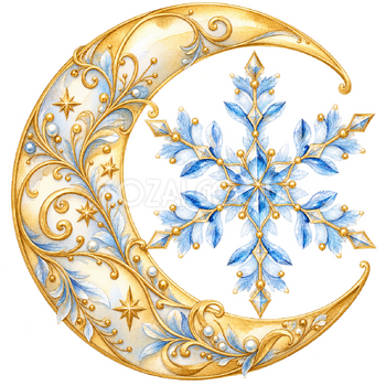 金の三日月と雪の結晶｜大人のおしゃれなクリスマス無料イラスト素材 114307
