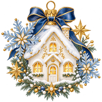 雪の結晶と小さな家｜大人のおしゃれなクリスマス無料イラスト素材 114318