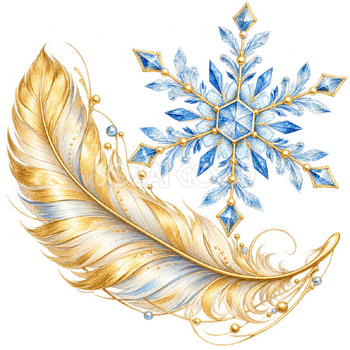 雪の結晶と金の羽根｜大人のおしゃれなクリスマス無料イラスト素材 114322