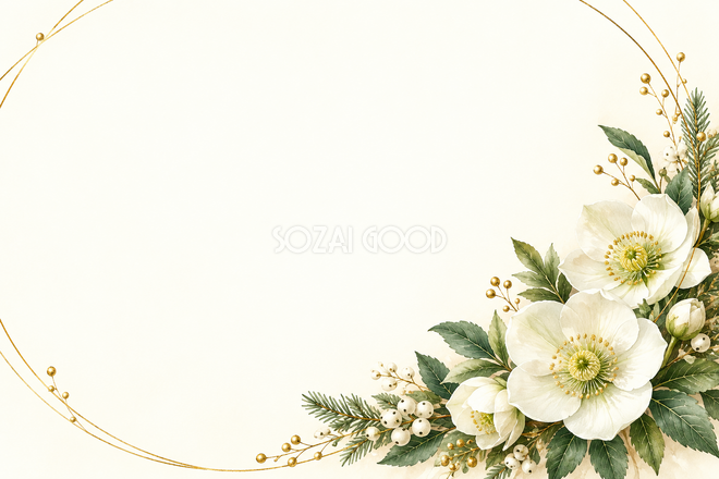 金の輪と冬の花のクリスマス背景