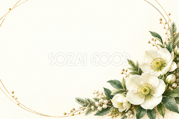 金の輪と冬の花のクリスマス背景｜大人のおしゃれなクリスマス無料イラスト素材 114364
