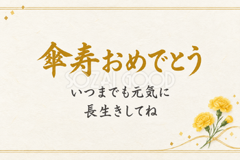 傘寿おめでとうのシンプルカード｜片カーネーション・横長の無料イラスト素材 114430