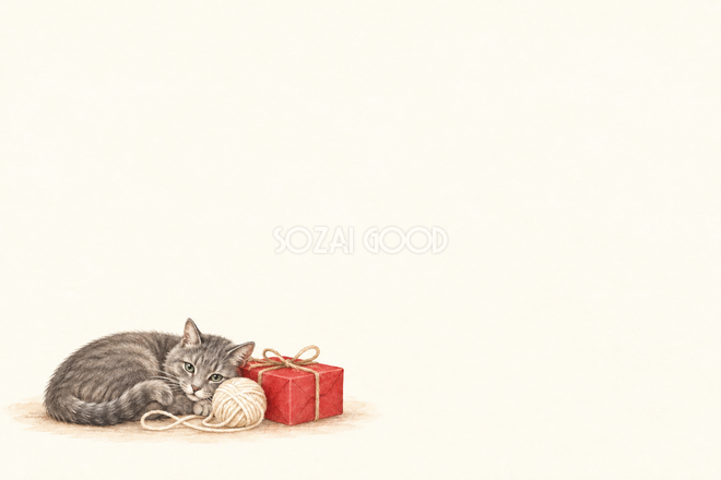 猫と毛糸の贈り物のクリスマスカード