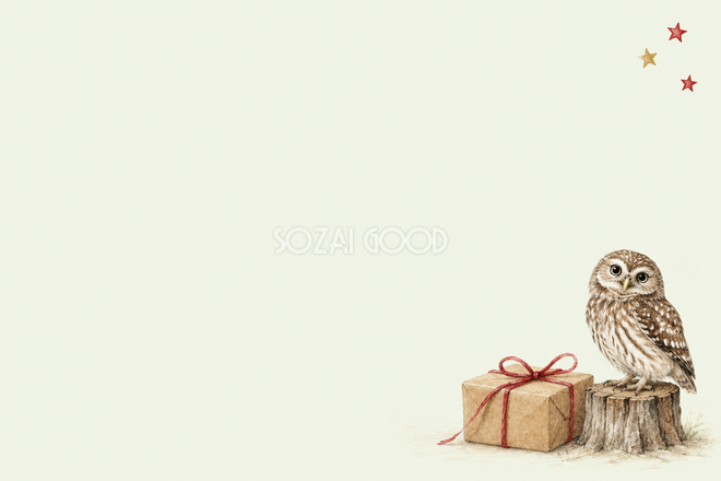 ふくろうと贈り物のクリスマスカード