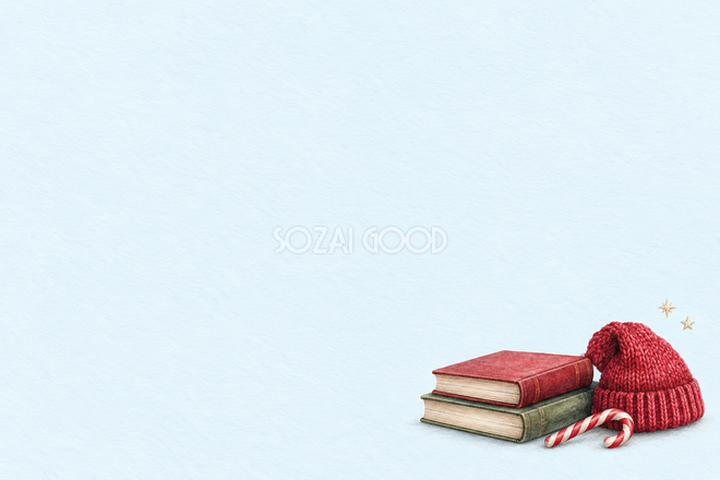 冬の本と赤い帽子のクリスマスカード