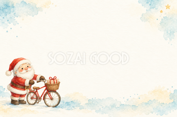 自転車のサンタの水彩クリスマスメッセージカード｜子供向けのシンプルな無料イラスト素材 114800