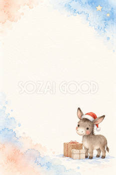 ロバと小さな贈り物の水彩クリスマスメッセージカード｜子供向けのシンプルな無料イラスト素材 114828