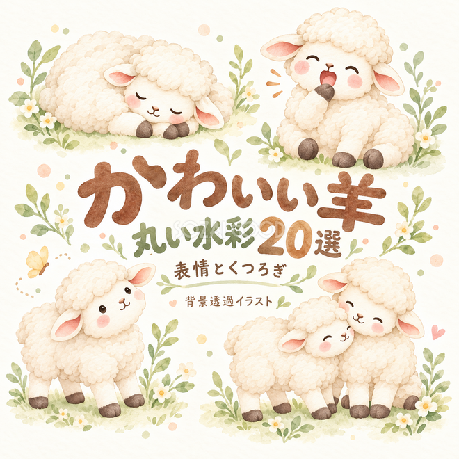 丸い水彩の羊表情20選