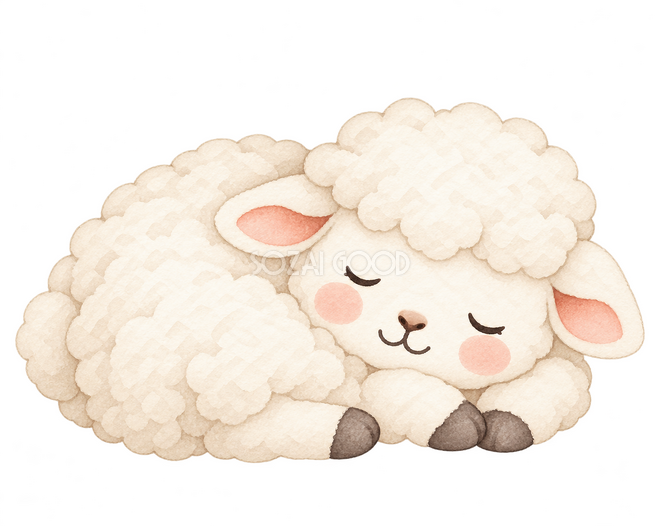丸くなって眠る羊（丸い水彩）