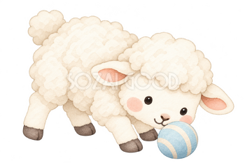 ボールを鼻でころがす羊の水彩イラスト｜丸くてかわいい無料素材 114939