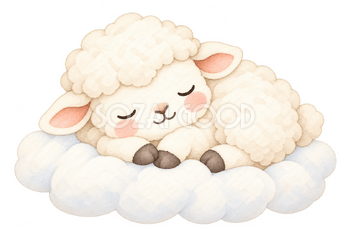 雲の上で眠る羊の水彩イラスト｜丸くてかわいい無料素材 114948