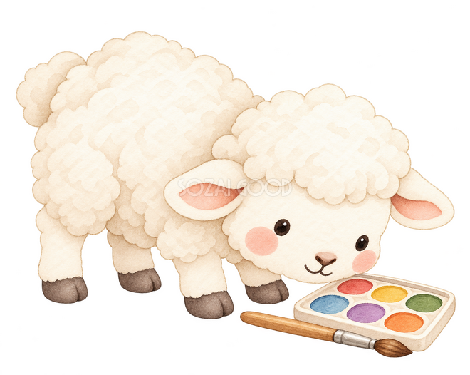 絵の具に興味しんしん羊(丸い水彩) 絵の具に興味しんしん羊(丸い水彩)