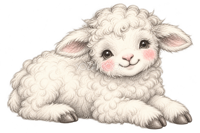のんびり伏せる羊（鉛筆画）