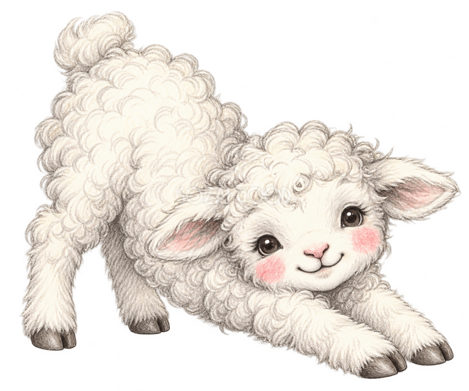 大きく伸びをする羊（鉛筆画）