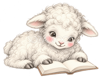 本を眺める羊の鉛筆画イラスト｜かわいい無料素材 115059