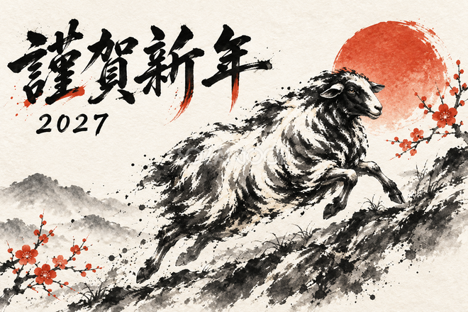 丘を駆ける羊の年賀状
