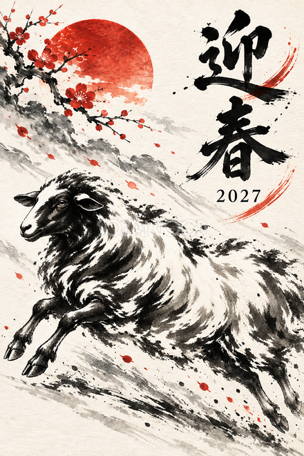 風を受けて走る羊の年賀状 風を受けて走る羊の年賀状