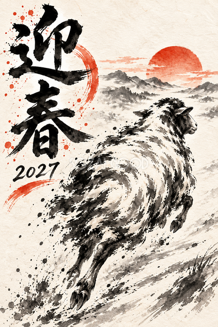 朝日に向かう羊の年賀状
