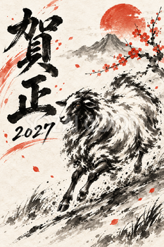 坂を下る羊の墨絵年賀状｜2027未年のかっこいい無料イラスト素材 115075