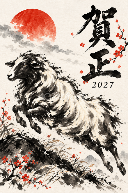 小さな丘を越える羊の年賀状