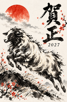 小さな丘を越える羊の墨絵年賀状｜2027未年のかっこいい無料イラスト素材 115079