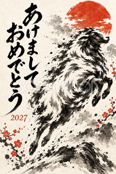 歩みから跳ねる羊の墨絵年賀状｜2027未年のかっこいい無料イラスト素材 115083