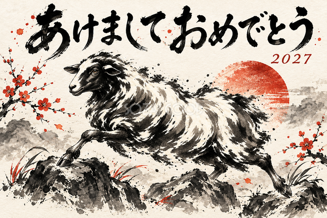 飛び石を渡る羊の年賀状