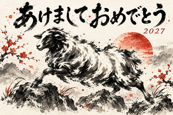 飛び石を渡る羊の墨絵年賀状｜2027未年のかっこいい無料イラスト素材 115085