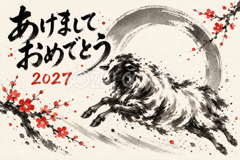 新春の風に跳ぶ羊の墨絵年賀状｜2027未年のかっこいい無料イラスト素材 115089