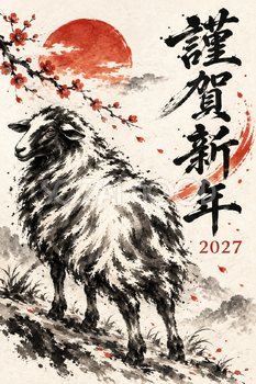 振り返る羊の墨絵年賀状｜2027未年のかっこいい無料イラスト素材 115105